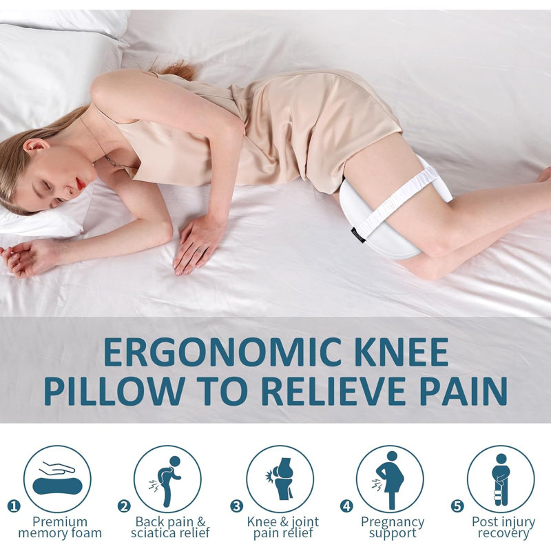 AMIPOR Knee Pillow For Side Sleepers Memory Foam Leg Pillow For Side Sleeping Between Legs Pillow For Back Hip Pain Spine Aligning Sciatica Pregnancy Under Knee Pillow With Ice Silk Cover And Strap